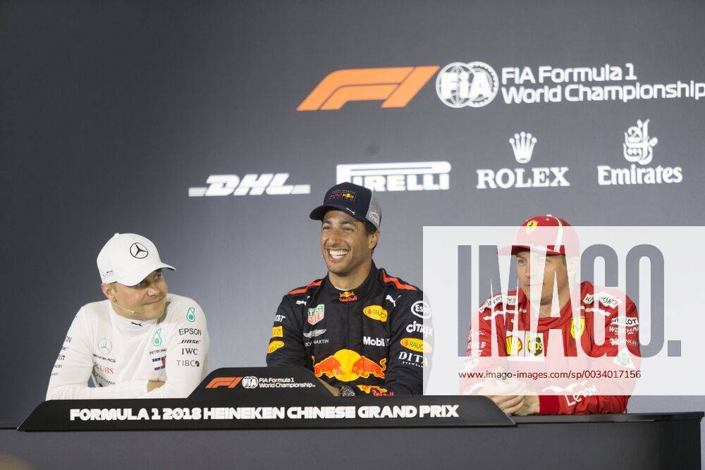 (From left) First runner-up Finnish F1 driver Valtteri Bottas of Mercedes, winner Australian F1 driver Daniel Ricciardo of Red Bull Racing and second runner-up Finnish F1 driver Kimi Raikkonen of Ferrari attend the press conference PK Pressekonferenz after the 2018 Formula One Chinese Grand Prix at the Shanghai International Circuit in Shanghai, China, 15 April 2018. Red Bull driver Daniel Ricciardo yanked off his right shoe, poured champagne into it as he stood on the podium, and then drank up to his unlikely victory in Sunday s Chinese Grand Prix. The Australian started from the third row, but took advantage when the safety car came out on the 31st lap to allow him to get fresh, soft tires when the other leaders were running on worn rubber and couldn t get in quickly to change. Red Bull s Daniel Ricciardo wins Chinese Grand Prix; 6th career win 20180415_51510