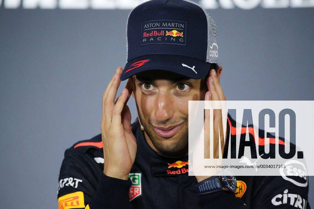 Australian F1 driver Daniel Ricciardo of Red Bull Racing reacts during the press conference PK Pressekonferenz after winning the 2018 Formula One Chinese Grand Prix at the Shanghai International Circuit in Shanghai, China, 15 April 2018. Red Bull driver Daniel Ricciardo yanked off his right shoe, poured champagne into it as he stood on the podium, and then drank up to his unlikely victory in Sunday s Chinese Grand Prix. The Australian started from the third row, but took advantage when the safety car came out on the 31st lap to allow him to get fresh, soft tires when the other leaders were running on worn rubber and couldn t get in quickly to change. Red Bull s Daniel Ricciardo wins Chinese Grand Prix; 6th career win 20180415_88602