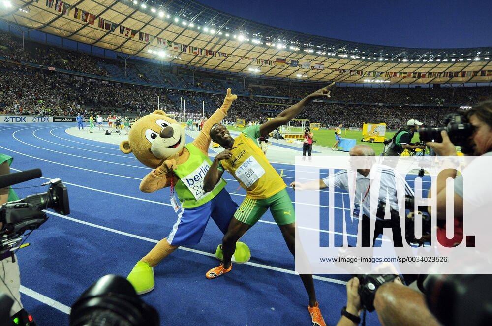 - BERLIN, GERMANY: Jamaican Usain Bolt and Berlino the mascotte do the typical Bolt move, after Bolt won the men s 200m final at the 12th IAAF World Championships of Athletics in the Olympic Stadium of Berlin, Thursday 20 August 2009, in Germany. Bolt established a new world record in 19sec19. DIRKxWAEM x15073203x