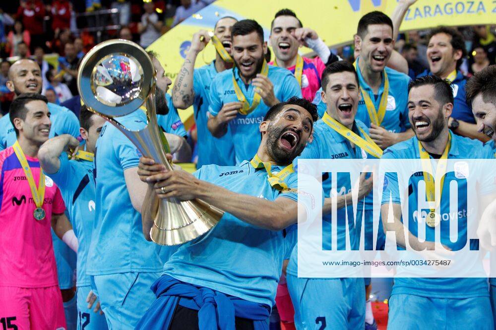 - SPORT Inter players celebrate with the trophy after winning the UEFA Futsal Cup final match between Sporting CP and Inter Movistar at Principe Felipe Pavilion in Zaragoza, Spain, 22 April 2018. UEFA Futsal Cup - Sporting CP vs Inter Movistar !ACHTUNG: NUR REDAKTIONELLE NUTZUNG!