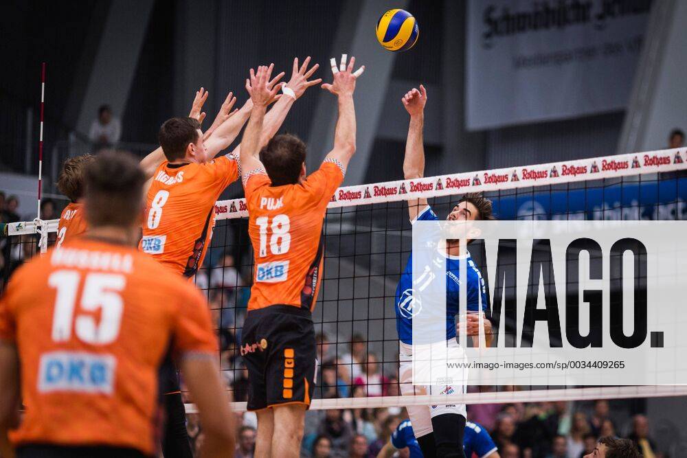 Friedrichshafen Germany 26 04 2018 Daniel Malescha Friedrichshafen 11 against the block from Robert Kromm BR Volleys 3 Graham Vigrass BR Volleys 8 Pierre Pujol BR Volleys 18 in the Playoff Final Game 1 of the Volleyball Bundesliga between VfB Friedrichshafen and the Berlin Recycling Volleys