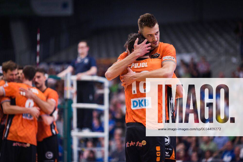 Friedrichshafen Germany 26 04 2018 Aleksandar Okolic BR Volleys 1 and Pierre Pujol BR Volleys 18 celebrate the Volleyball Bundesliga play-off final match between VfB Friedrichshafen and the Berlin Recycling Volleys