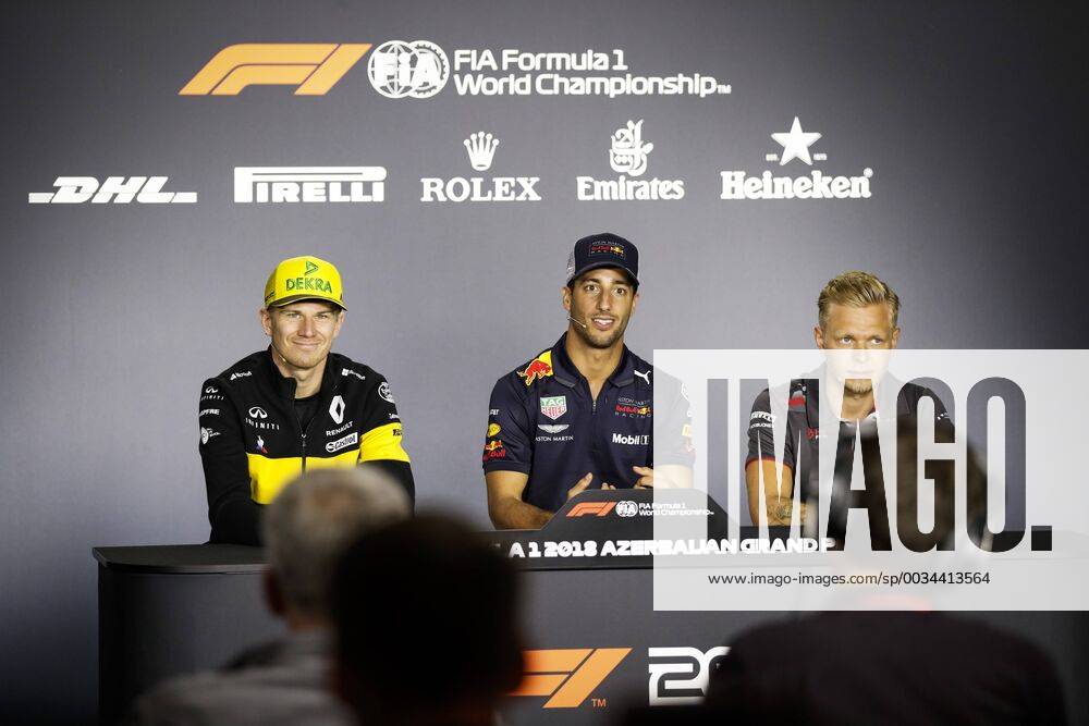 Motorsports: World Championship WM Weltmeisterschaft 2018; Grand Prix Azerbaijan, Grand Prix of Europe, Formula 1 2018 Azerbaijan Grand Prix, 3 Daniel Ricciardo (AUS, Red Bull Racing), 27 Nico Hülkenberg (Renault F1 Team), , 20 Kevin Magnussen (DEN, Haas F1 Team) , Baku Azerbaijan
