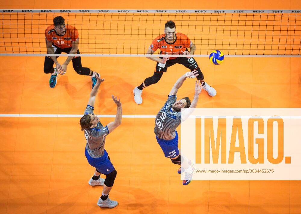 Berlin Germany 29 04 2018 Andreas Takvam Friedrichshafen 4 and Simon Tischer Friedrichshafen 10 at the Playoff Finale Game 2 of the Volleyball Bundesliga between Berlin Recycling Volleys and VfB Friedrichshafen