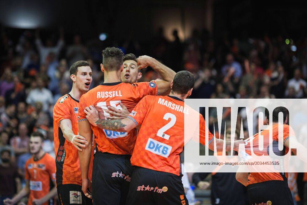 Berlin Germany 29 04 2018 Graham Vigrass BR Volleys 8 Russell Kyle BR Volleys 15 Adam White BR Volleys 11 and Steven Marshall BR Volleys 2 celebrate the Volleyball Bundesliga play-off final match between Berlin Recycling Volleys and VfB Friedrichshafen