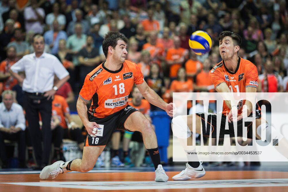 Berlin Germany 29 04 2018 Pierre Pujol BR Volleys 18 and Adam White BR Volleys 11 at Playoff Final Game 2 of the Volleyball Bundesliga between Berlin Recycling Volleys and VfB Friedrichshafen