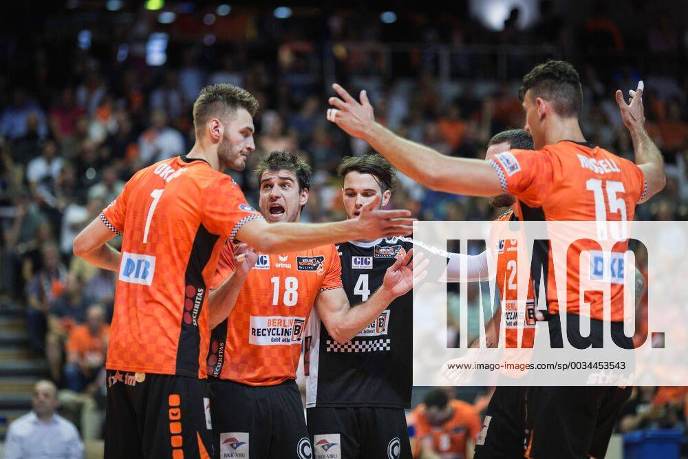 Berlin Germany 29 04 2018 Aleksandar Okolic BR Volleys 1 Pierre Pujol BR Volleys 18 Luke Perry BR Volleys 4 Steven Marshall BR Volleys 2 and Russell Kyle BR Volleys 15 cheer at Playoff Final Game 2 of the Volleyball Bundesliga between Berlin Recycling Volleys and VfB Friedrichshafen