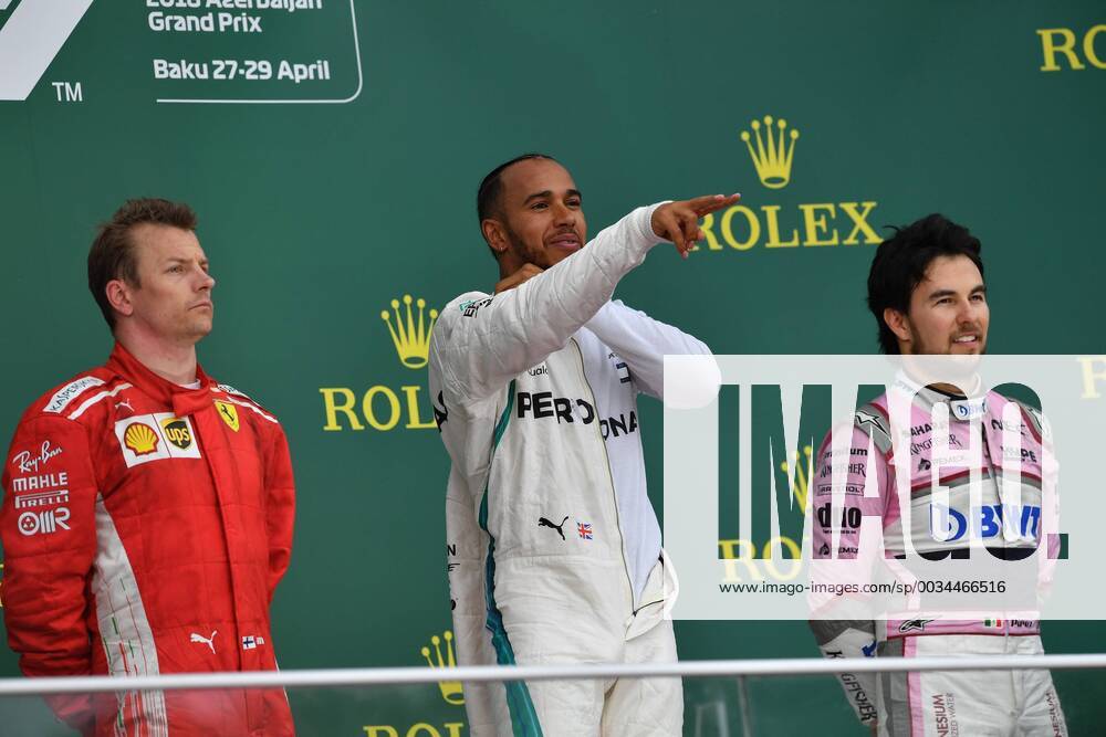 Podium Kimi Raiikkoenen Scuderia Ferrari Lewis Hamilton Mercedes Grand Prix Sergio Perez Sahara Force India F1 Formula 1 GP Baku Azerbaijan 29 04 2018 Photo mspb Jerry Andre Podium Kimi Raiikkoenen Lewis Hamilton Sergio Perez Formula 1 GP Azerbaijan 2018