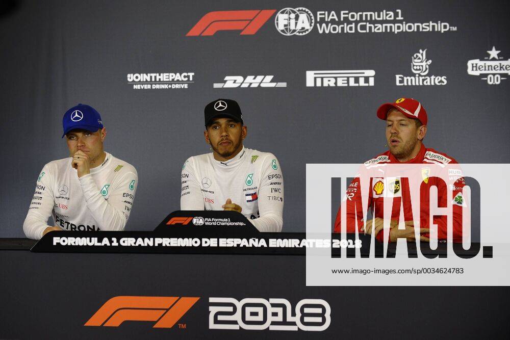 Valtteri Bottas of Finland and Lewis Hamilton of Great Britain and Mercedes AMG Petronas F1 Team and Sebastian Vettel of Germany and Scuderia Ferrari in the press conference PK Pressekonferenz after qualifying for the Spanish Formula One Grand Prix at Circuit de Catalunya on May 11, 2018 in Montmelo, Spain. Breton CordonxPressx xSpanishxF1xGrandxPrixx-xPracticex