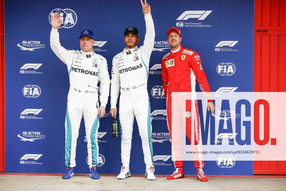 Barcelona, Spain - Mercedes driver Valtteri Bottas (77) of Finland, Mercedes driver Lewis Hamilton (44) of Great Britain and Ferrari driver Sebastian Vettel (5) of Germany after the Q3 celebrated at Circuit of Barcelona 12th May 2018 in Barcelona, Spain. (Credit: NurPhoto) Spanish F1 Grand Prix - Qualifying - ZUMAn230 20180512_zaa_n230_696