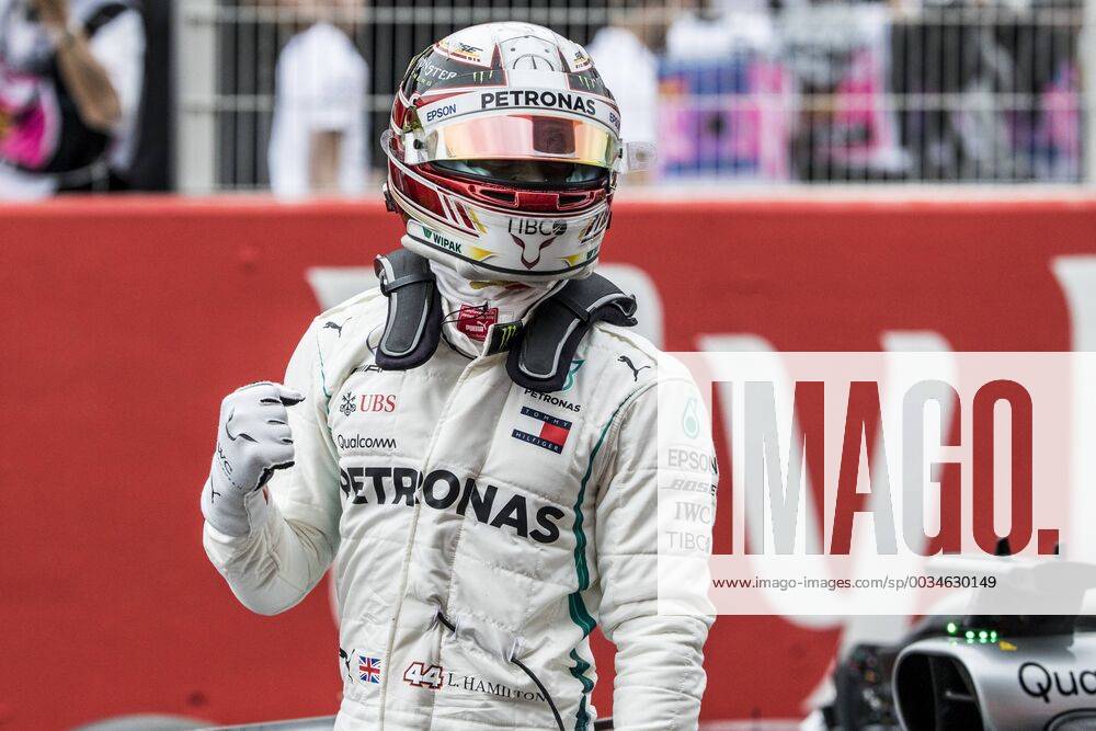 Montmelo, Spain - 44 Lewis Hamilton from Great Britain Mercedes W09 Hybrid EQ Power+ team Mercedes GP celebrating his pole position during the Spanish Formula One Grand Prix at Circuit de Catalunya on March 12, 2018 in Montmelo, Spain. Spanish F1 Grand Prix - Qualifying - ZUMAn230 20180512_zaa_n230_776