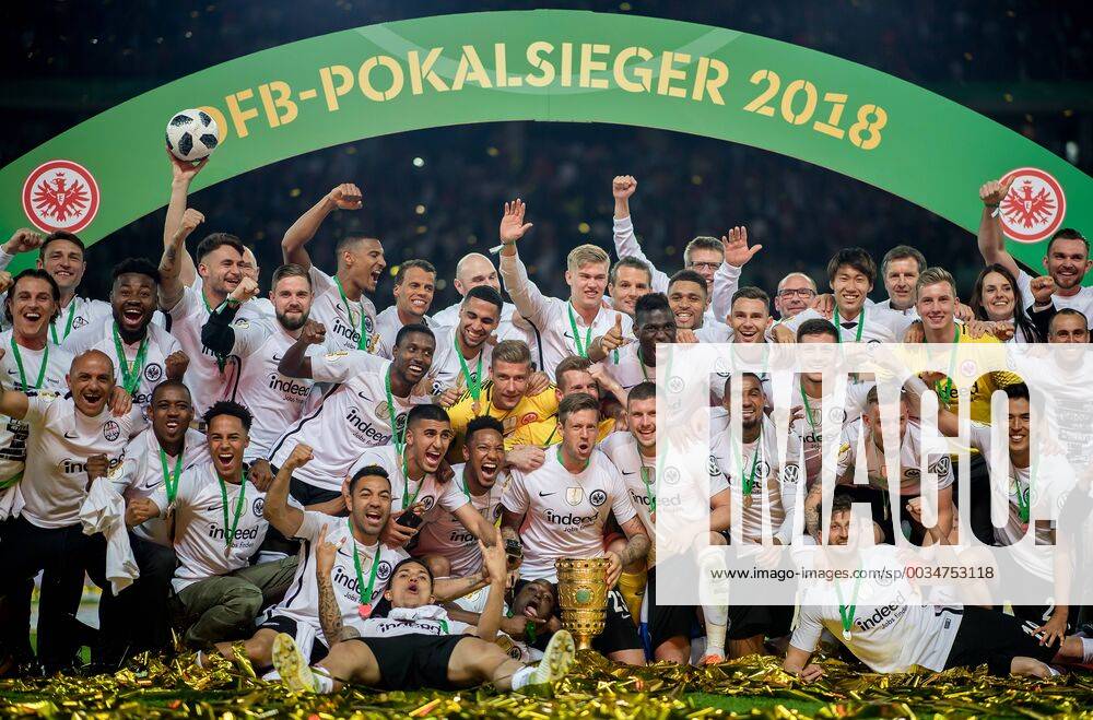 Berlin Olympic Stadium Football DFB Cup Final FC Bayern Muenchen Eintracht Frankfurt Frankfurt players cheer for the game under the winners bow