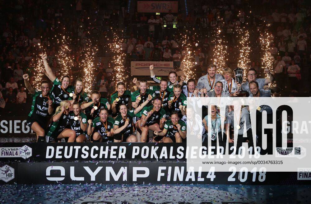 Germany Stuttgart Handball OLYMP Final4 Season 2017 2018 Final VfL Oldenburg vs SG BBM Bietigheim VfL Oldenburg Cup Winners 2018