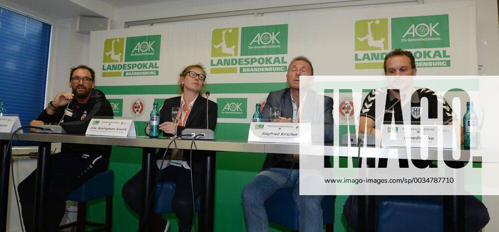 Soccer Men Season 2017 2018 Final in the Regional Cup Brandenburg SV Babelsberg 03 FC Energie Cottbus v l Coach Claus Dieter Wollitz Energy Cottbus Silke Wentingmann Kovarik Public Relations for Football Landesverband Brandenburg Siegfried Kirschen President of the Football Association of Brandenburg Coach Almedin Civa SV Babelsberg 03 21 05 2018