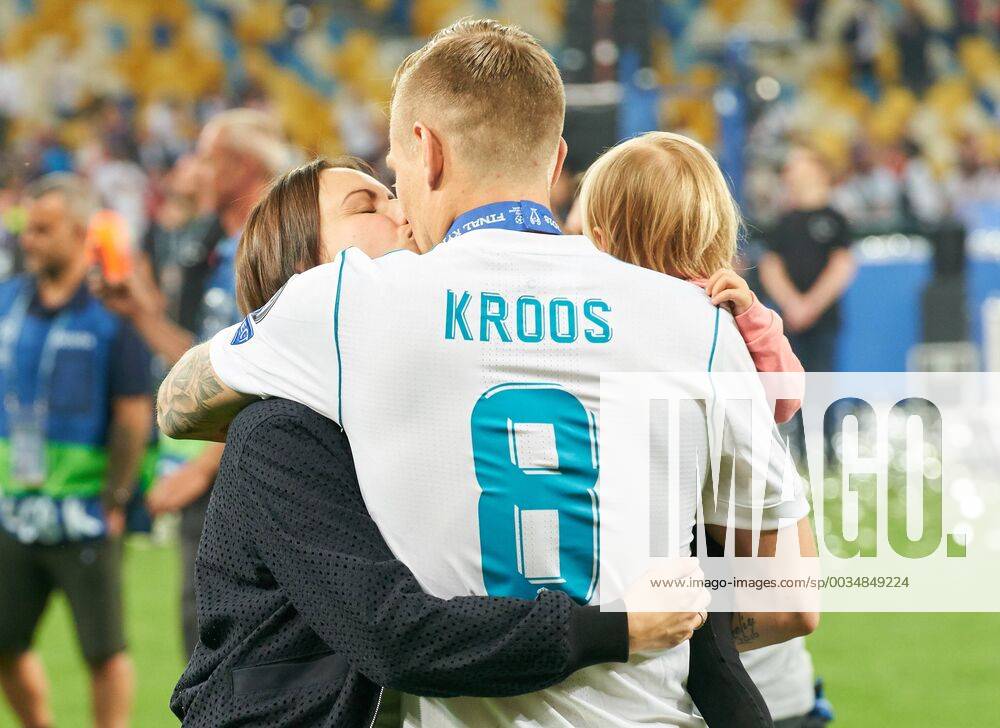 Jessica Farber wife of Toni KROOS Real Madrid 8 with daughter and son Leon with Champions League trophy REAL MADRID FC LIVERPOOL Football UEFA Champions League Final Kiev Ukraine May 26 2018 CL Season 2017 2018