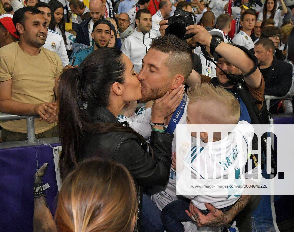 Football UEFA Champions League Final 2018 Real Madrid FC Liverpool at the Kiev Olympic Stadium Ukraine Winners Real Madrid celebrates winning the Champions League Sergio Ramos Real Madrid with girlfriend Pila Rubio and his children