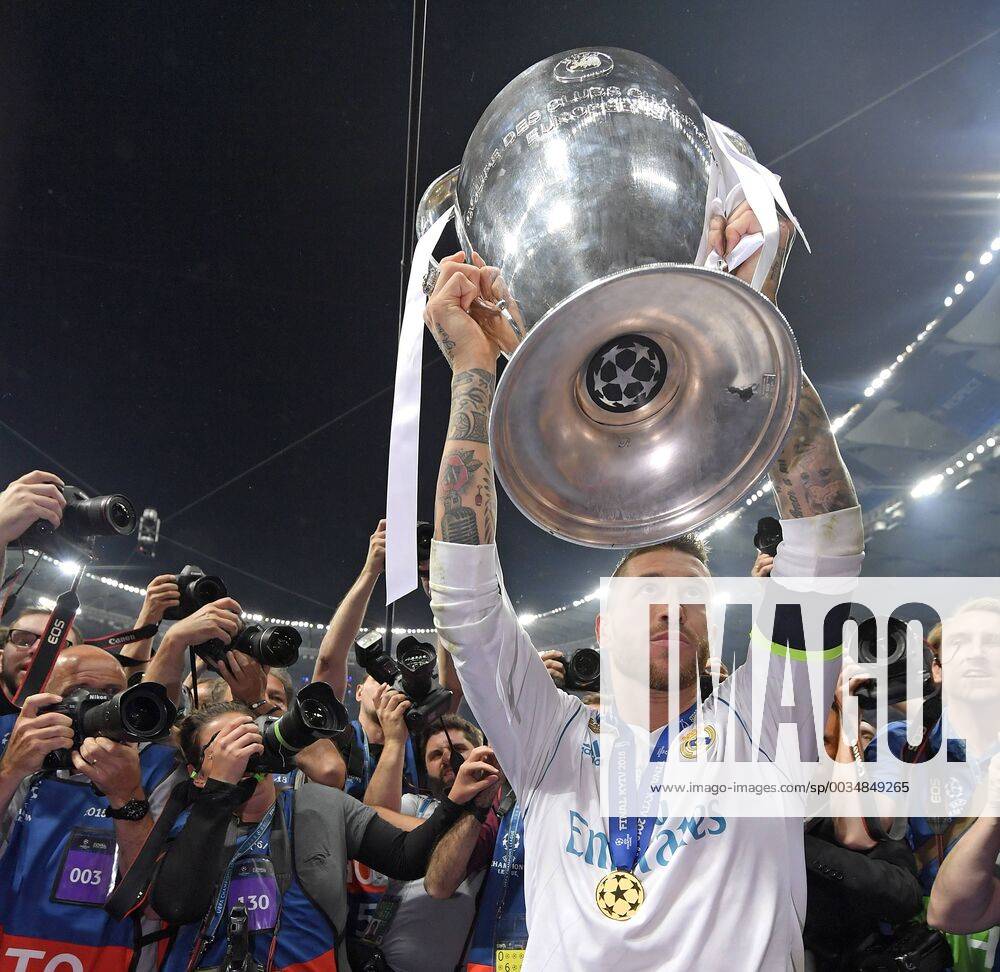 Football UEFA Champions League Final 2018 Real Madrid Liverpool at the Kiev Olympic Stadium Ukraine Winners Real Madrid celebrates winning the Champions League Sergio Ramos Real Madrid with the trophy