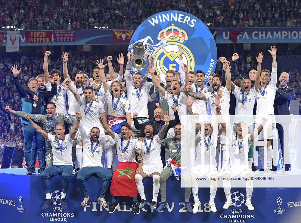 Football UEFA Champions League Final 2018 Real Madrid FC Liverpool at the Kiev Olympic Stadium Ukraine Winners Real Madrid celebrates winning the Champions League with Sergio Ramos Real Madrid in the Cup