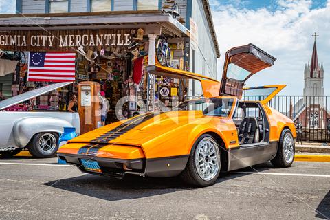 Virginia City, NV - July 30, 2021: 1975 Bricklin SV1 sports car at a local car show. 1975, 2 door, Bricklin, Gullwing, SV1, antique, antique car, auto, automobile, automotive, car, car show, cars, classic, classic car, collector, collector car, coupe, design, detail, elegant, exhibition, historic, history, hobbies, illustrative, illustrative editorial, nevada, nostalgia, nostalgic, old, old car, restoration, restore, restored, retro, style, transport, travel, unique, vehicle, vintage, vintage car, virginia city