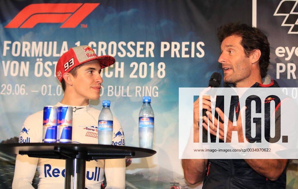 FORMULA 1 - Marc Marquez SPIELBERG,AUSTRIA,05.JUN.18 - MOTORSPORTS, FORMULA 1 - Red Bull Ring, Marc Marquez, press conference PK Pressekonferenz Image shows Marc Marquez (ESP) and Mark Webber (AUS). GEPAxpictures Buehner
