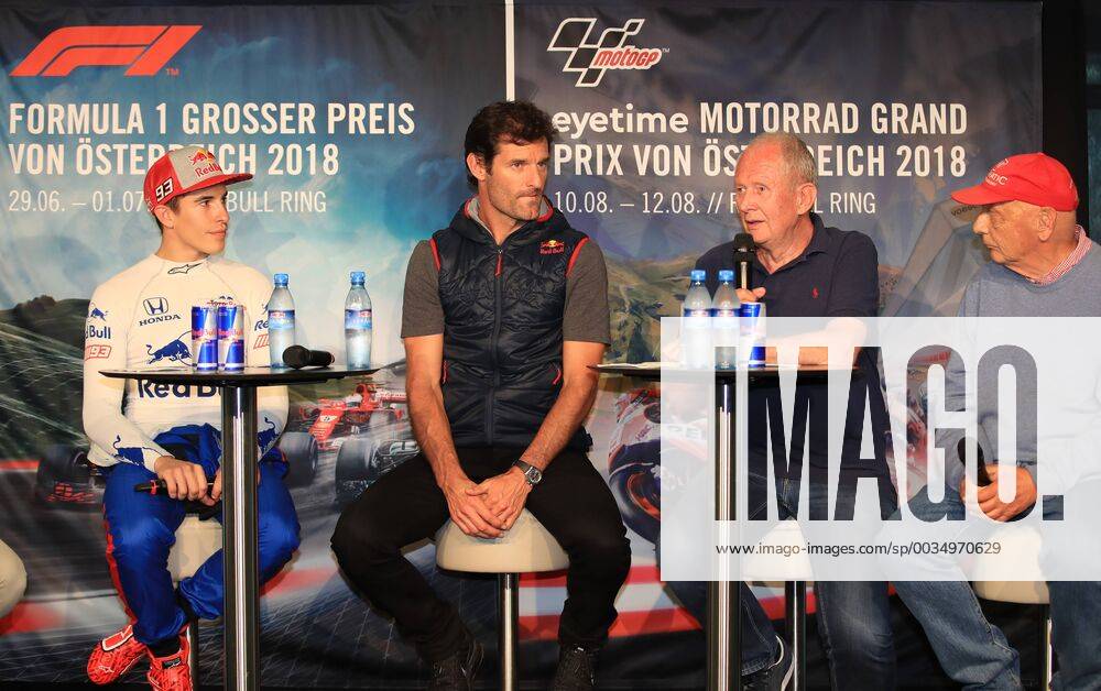 FORMULA 1 - Marc Marquez SPIELBERG,AUSTRIA,05.JUN.18 - MOTORSPORTS, FORMULA 1 - Red Bull Ring, Marc Marquez, press conference PK Pressekonferenz Image shows Marc Marquez (ESP), Mark Webber (AUS), motorsport consultant Helmut Marko (Red Bull Racing) and Niki Lauda. GEPAxpictures Buehner