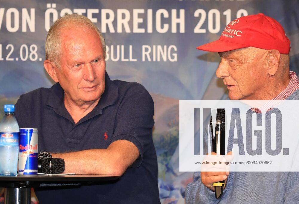 FORMULA 1 - Marc Marquez SPIELBERG,AUSTRIA,05.JUN.18 - MOTORSPORTS, FORMULA 1 - Red Bull Ring, Marc Marquez, press conference PK Pressekonferenz Image shows motorsport consultant Helmut Marko (Red Bull Racing) and Niki Lauda. GEPAxpictures Buehner