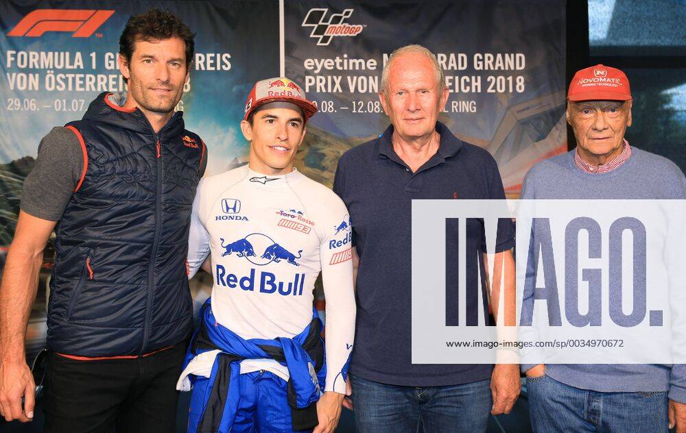 FORMULA 1 - Marc Marquez SPIELBERG,AUSTRIA,05.JUN.18 - MOTORSPORTS, FORMULA 1 - Red Bull Ring, Marc Marquez, press conference PK Pressekonferenz Image shows Mark Webber (AUS), Marc Marquez (ESP), motorsport consultant Helmut Marko (Red Bull Racing) and Niki Lauda. GEPAxpictures Buehner