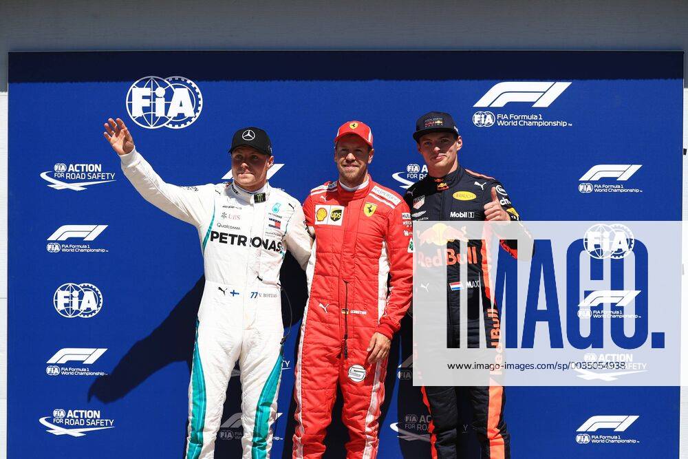 9th June 2018, Circuit Gilles-Villeneuve, Montreal, Canada; Canadian Formula One Grand Prix, qualification; Scuderia Ferrari, Sebastian Vettel takes pole followed by Mercedes AMG Petronas Motorsport; Valtteri Bottas and Aston Martin Red Bull Racing TAG Heuer, Max Verstappen ActionPlus12035027 Octane
