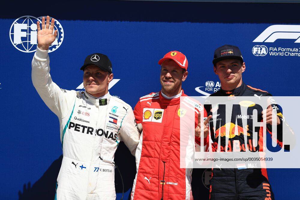 9th June 2018, Circuit Gilles-Villeneuve, Montreal, Canada; Canadian Formula One Grand Prix, qualification; Scuderia Ferrari, Sebastian Vettel takes pole followed by Mercedes AMG Petronas Motorsport; Valtteri Bottas and Aston Martin Red Bull Racing TAG Heuer, Max Verstappen ActionPlus12035028 Octane