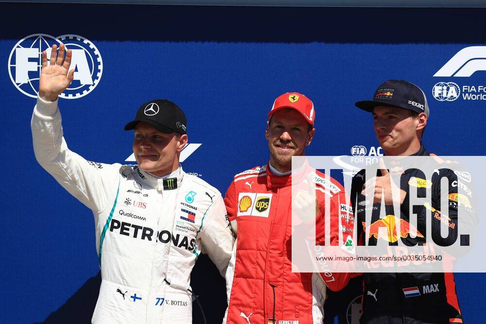 9th June 2018, Circuit Gilles-Villeneuve, Montreal, Canada; Canadian Formula One Grand Prix, qualification; Scuderia Ferrari, Sebastian Vettel takes pole followed by Mercedes AMG Petronas Motorsport; Valtteri Bottas and Aston Martin Red Bull Racing TAG Heuer, Max Verstappen ActionPlus12035029 Octane