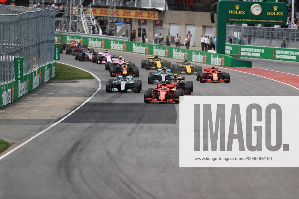 10th June 2018, Circuit Gilles-Villeneuve, Montreal, Canada; Canadian Formula One Grand Prix, race day; Scuderia Ferrari, Sebastian Vettel leads into turn 1 on lap 1 ActionPlus12035532 Octane