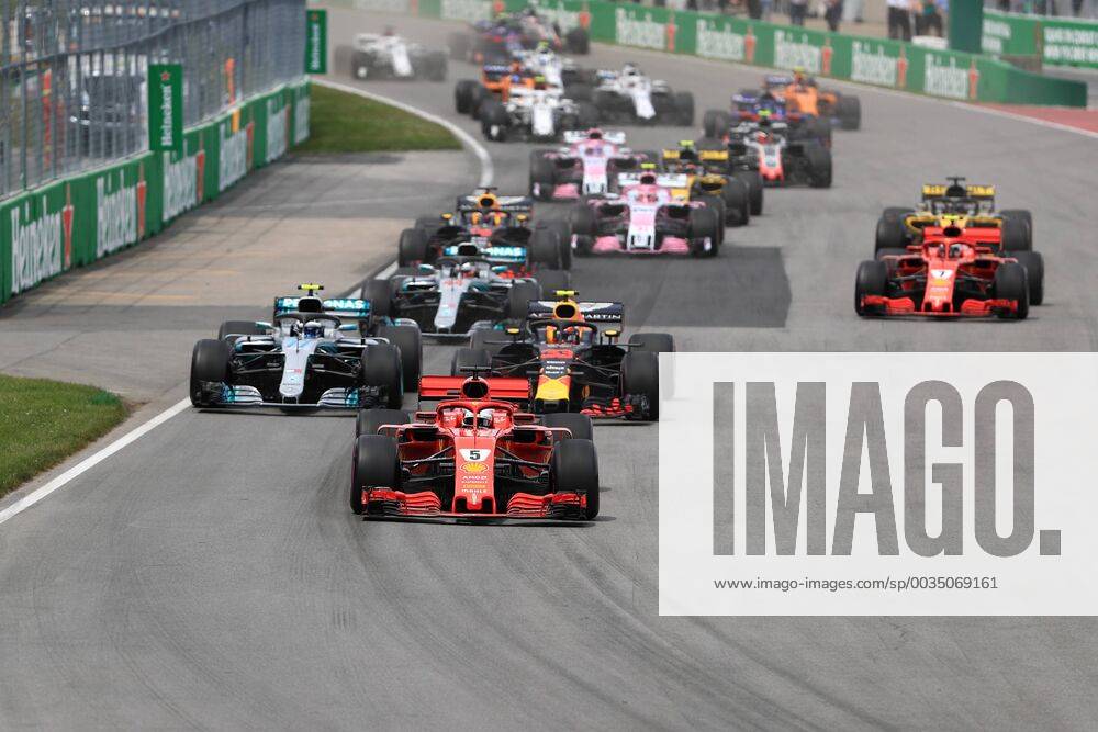 10th June 2018, Circuit Gilles-Villeneuve, Montreal, Canada; Canadian Formula One Grand Prix, race day; Scuderia Ferrari, Sebastian Vettel leads into turn 1 on lap 1 ActionPlus12035533 Octane