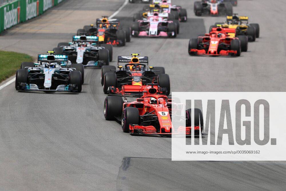 10th June 2018, Circuit Gilles-Villeneuve, Montreal, Canada; Canadian Formula One Grand Prix, race day; Scuderia Ferrari, Sebastian Vettel leads into turn 1 on lap 1 ActionPlus12035534 Octane