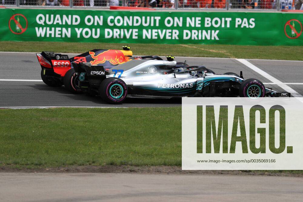 10th June 2018, Circuit Gilles-Villeneuve, Montreal, Canada; Canadian Formula One Grand Prix, race day; Mercedes AMG Petronas Motorsport; Valtteri Bottas and Aston Martin Red Bull Racing TAG Heuer Max Verstappen side by side in first 2 corners ActionPlus12035538 Octane