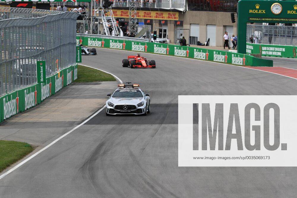 10th June 2018, Circuit Gilles-Villeneuve, Montreal, Canada; Canadian Formula One Grand Prix, race day; Scuderia Ferrari, Sebastian Vettel leads under safety car precaution ActionPlus12035545 Octane