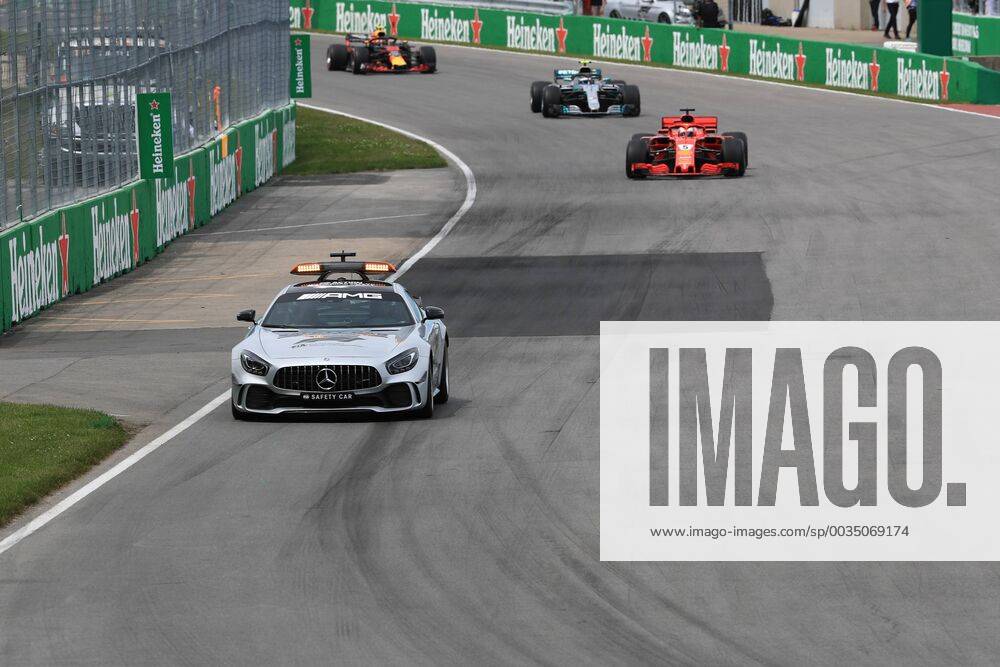 10th June 2018, Circuit Gilles-Villeneuve, Montreal, Canada; Canadian Formula One Grand Prix, race day; Scuderia Ferrari, Sebastian Vettel leads under safety car precaution ActionPlus12035546 Octane