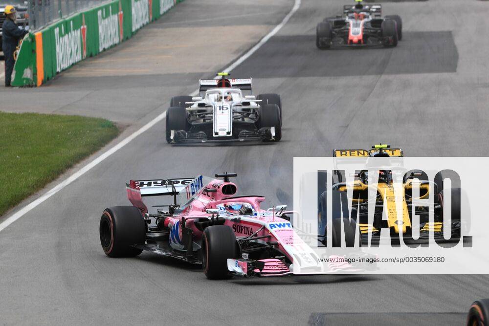 10th June 2018, Circuit Gilles-Villeneuve, Montreal, Canada; Canadian Formula One Grand Prix, race day; Sahara Force India; Sergio Perez and Renault F1 Team, Carlos Sainz ActionPlus12035552 Octane