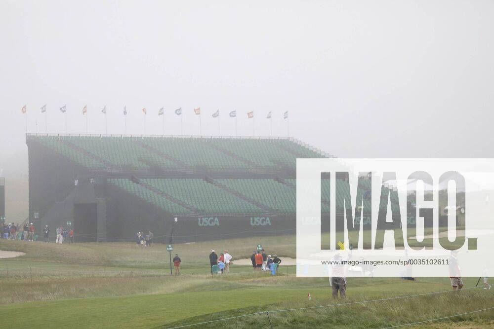 A mostly empty grandstand is situated on the course on the Wednesday before the 118th U.S. Open Championship at Shinnecock Hills Golf Club in Southampton, New York on June 13, 2018. NYP20180613308 JOHNxANGELILLO