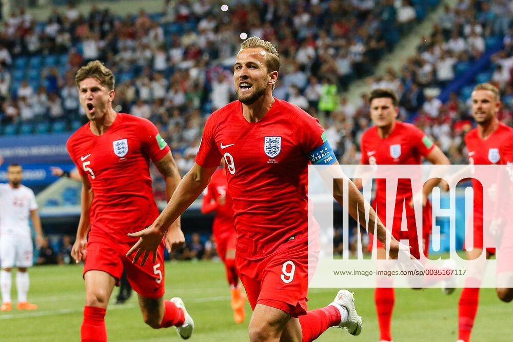 WM 2018, Tunesien - England WM 2018, Tunesien - England England v Tunisia 2018 FIFA World Cup WM Weltmeisterschaft Fussball Harry Kane of England celebrates scoring their first goal during the England v Tunisia 2018 FIFA World Cup match at Volgograd Arena, Volgograd Content Not Available For UK Newspapers