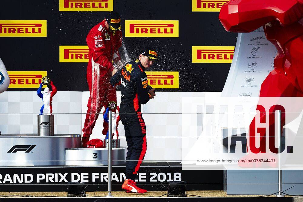 24th June 2018, Circuit Paul Ricard, Le Castellet, France; French Formula One Grand Prix, race day; (L-R) Kimi Raikkonen of the Ferrari Team and Max Verstappen of the Red Bull Racing Team celebrate on the podium after the race ActionPlus12040316 PabloxGuillen