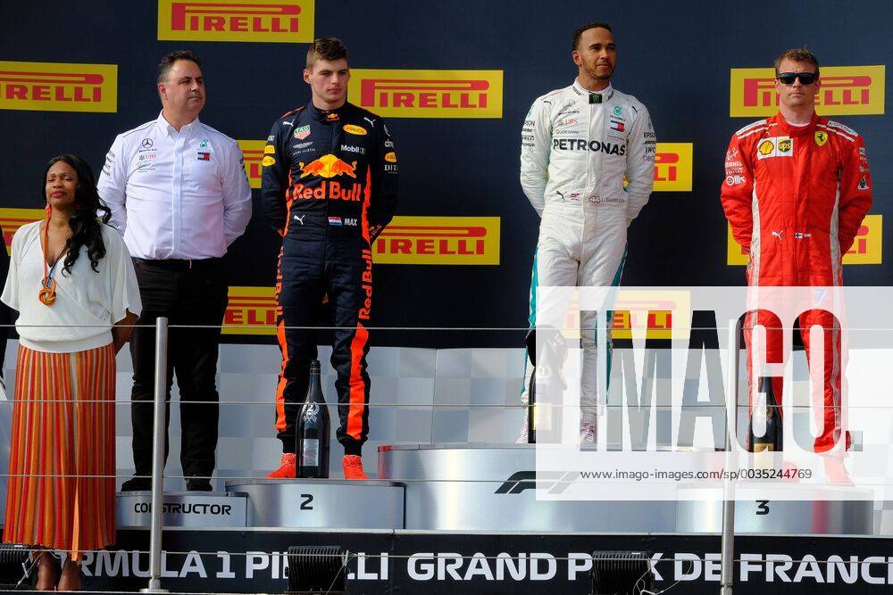 Le Castellet, Var, France - Mercedes 44 Driver LEWIS HAMILTON (GBR) win the Formula one French Grand Prix at the Paul Ricard circuit at Le Castellet - France, Max Verstappen finish second and Kimi Raikkonen third.On the podium Madam Minister of Youth and Sports Laura Flessel. F1 2018: French Grand Prix : Lewis Hamilton won - ZUMAp119 20180624_zaf_p119_001