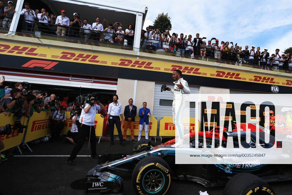 24th June 2018, Circuit Paul Ricard, Le Castellet, France; French Formula One Grand Prix, race day; Mercedes AMG Petronas Motorsport, Lewis Hamilton leaps from his car in parc ferme and takes the win ActionPlus12040376 Octane
