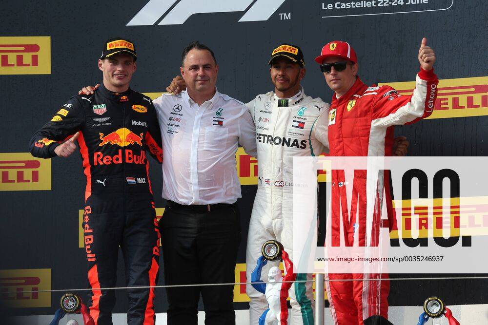 Photo4 LaPresse 24 06 2018 Paul Ricard, France Grand Prix Formula One France 2018 In the pic: Podium, winner Lewis Hamilton (GBR) Mercedes AMG F1 W09 , 2nd place Max Verstappen (NED) Red Bull Racing RB14, 3rd place Kimi Raikkonen (FIN) Scuderia Ferrari SF71H