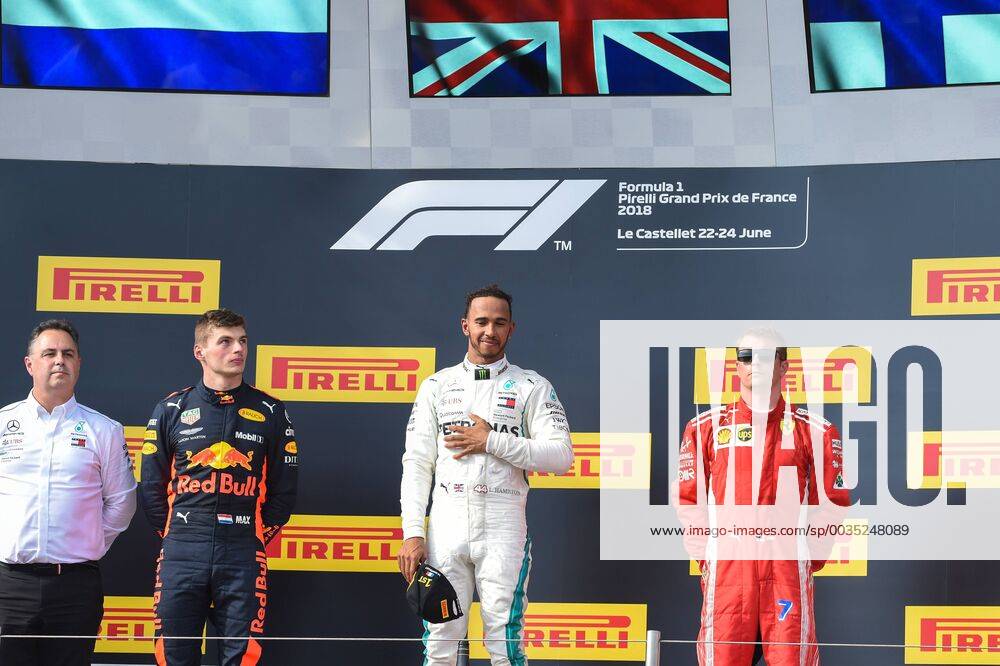 Race winner Lewis Hamilton (GBR) Mercedes-AMG F1 celebrates on the podium at Formula One World Championship WM Weltmeisterschaft Rd8, French Grand Prix, Race, Paul Ricard, France, Sunday 24 June 2018. FORMULE 1 : Grand Prix de France - Circuit Paul-Ricard - 24 06 2018 LionelUrman Panoramic