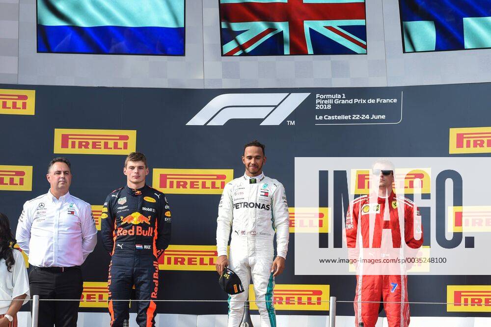 Race winner Lewis Hamilton (GBR) Mercedes-AMG F1 celebrates on the podium at Formula One World Championship WM Weltmeisterschaft Rd8, French Grand Prix, Race, Paul Ricard, France, Sunday 24 June 2018. FORMULE 1 : Grand Prix de France - Circuit Paul-Ricard - 24 06 2018 LionelUrman Panoramic