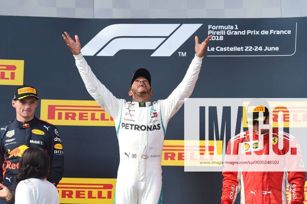 Race winner Lewis Hamilton (GBR) Mercedes-AMG F1 celebrates on the podium at Formula One World Championship WM Weltmeisterschaft Rd8, French Grand Prix, Race, Paul Ricard, France, Sunday 24 June 2018. FORMULE 1 : Grand Prix de France - Circuit Paul-Ricard - 24 06 2018 LionelUrman Panoramic