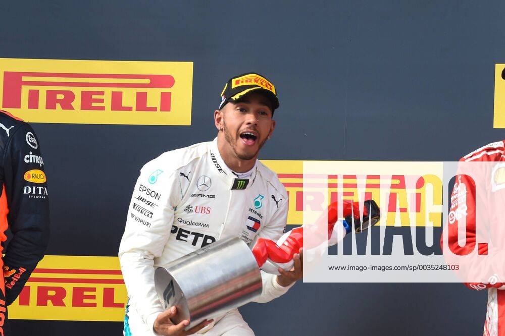 Race winner Lewis Hamilton (GBR) Mercedes-AMG F1 celebrates on the podium at Formula One World Championship WM Weltmeisterschaft Rd8, French Grand Prix, Race, Paul Ricard, France, Sunday 24 June 2018. FORMULE 1 : Grand Prix de France - Circuit Paul-Ricard - 24 06 2018 LionelUrman Panoramic