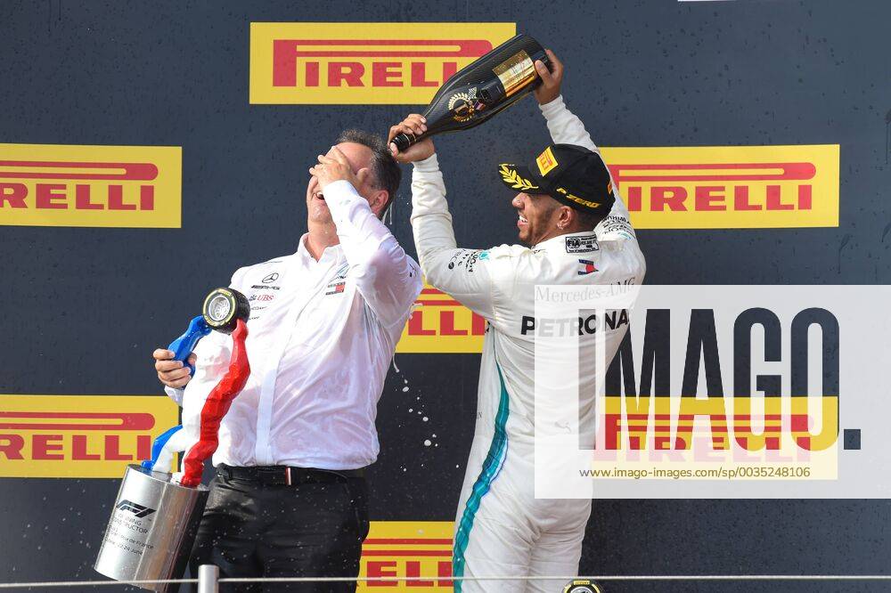 Race winner Lewis Hamilton (GBR) Mercedes-AMG F1 celebrates on the podium at Formula One World Championship WM Weltmeisterschaft Rd8, French Grand Prix, Race, Paul Ricard, France, Sunday 24 June 2018. FORMULE 1 : Grand Prix de France - Circuit Paul-Ricard - 24 06 2018 LionelUrman Panoramic