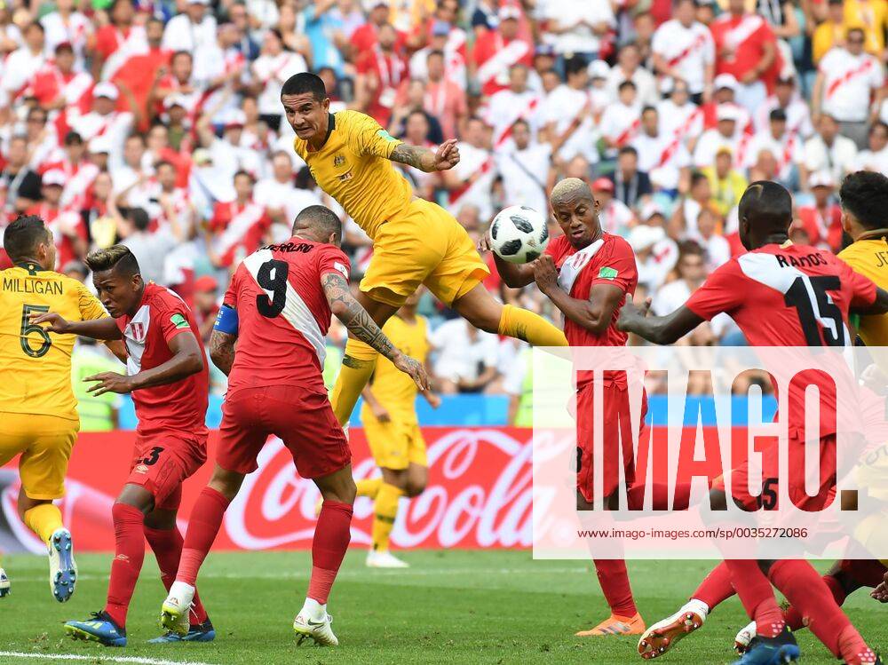 - SPORT (180626) -- SOCHI, June 26, 2018 -- Tim Cahill (top) of Australia competes for a header during the 2018 FIFA World Cup WM Weltmeisterschaft Fussball Group C match between Australia and Peru in Sochi, Russia, June 26, 2018. ) (SP)RUSSIA-SOCHI-2018 WORLD CUP-GROUP C-AUSTRALIA VS PERU ChenxCheng