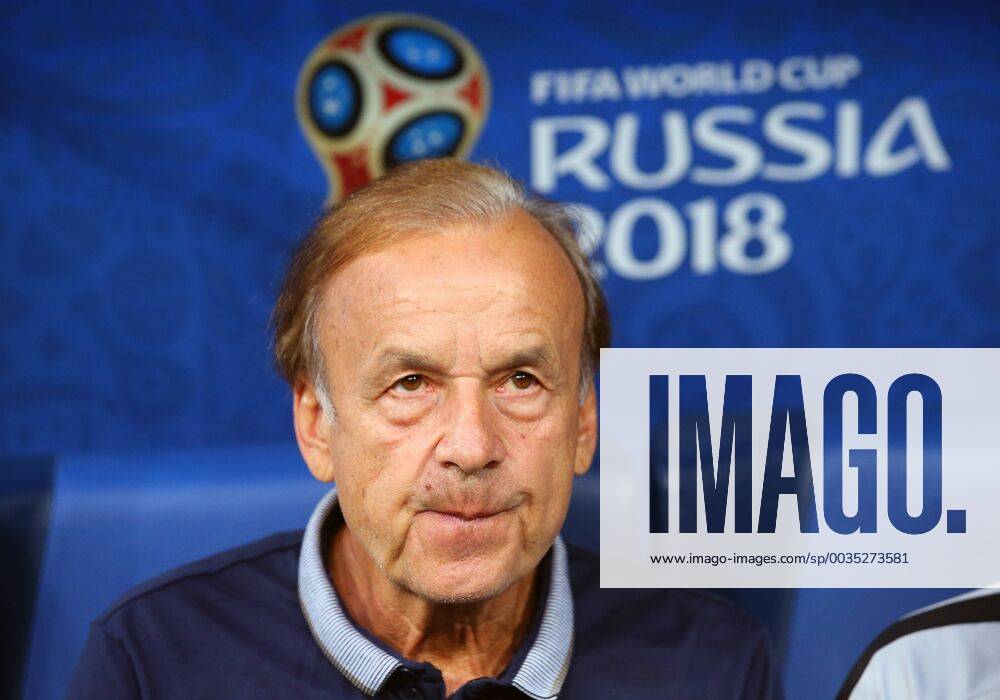 - SPORT ST PETERSBURG, RUSSIA – JUNE 26, 2018: Nigeria s head coach Gernot Rohr during a First Stage Group D football match between Nigeria and Argentina at Saint Petersburg Stadium (Krestovsky Stadium) at FIFA World Cup WM Weltmeisterschaft Fussball Russia 2018. Peter Kovalev TASS TS08684F